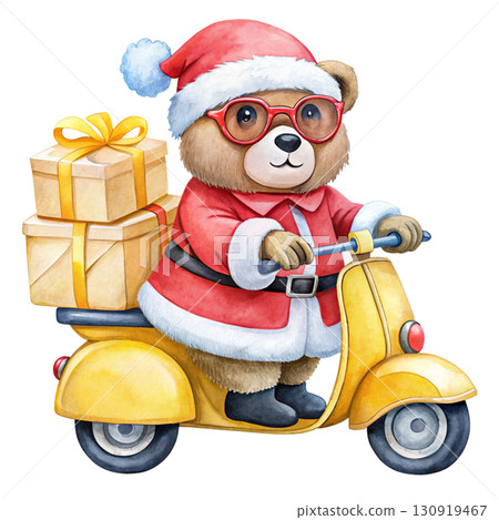 Cute chubby bear with Santa costume and sunglasses Drive a Vespa and deliver a gift white background  130919467