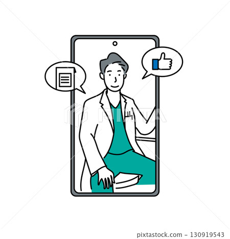 Stock Illustration: An illustration of a doctor conducting an online consultation on a smartphone screen and conveying materials and approval Stock Illustration: An illustration of a doctor conducting an online consultation on a smartphone screen and conveying materials and approval 130919543