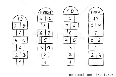Hopscotch game courts with numbered squares from one to ten and finish line for kids playground activity. Hand drawn chalk layouts for outdoor schoolyard recreation children jump game. 130919546