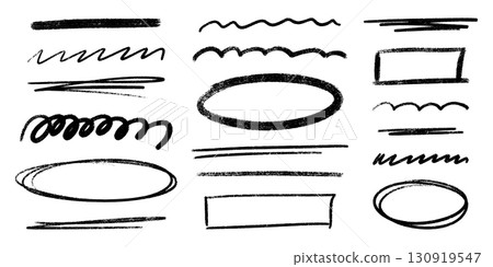 Black brush pencil underline marks with crayon stroke textures for highlighting and emphasis. Hand drawn lines of wavy and straight, circular shapes and rectangles for text decoration and annotation. Black brush pencil underline marks with crayon stroke textures for highlighting and emphasis. Hand drawn lines of wavy and straight, circular shapes and rectangles for text decoration and annotation. 130919547