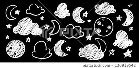 White crayon cloud, moon and star sketches with chalk texture on black background for night sky illustration. Celestial doodles of crescents, sparkles and fluffy cumulus. Dreamy astronomical elements 130919548
