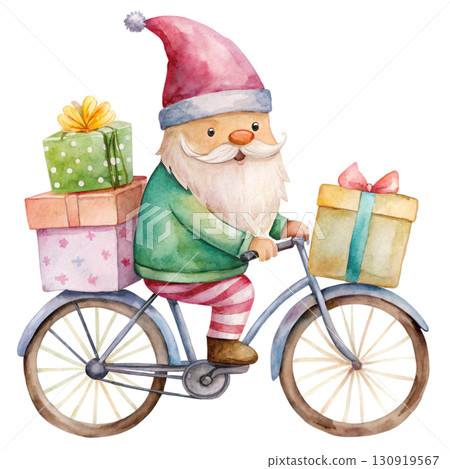 Cute gnome with black sunglasses, riding a vintage bicycle white background  130919567