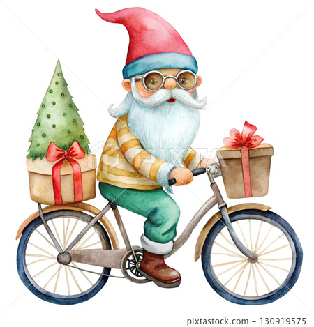 Cute gnome with black sunglasses, riding a vintage bicycle white background  130919575