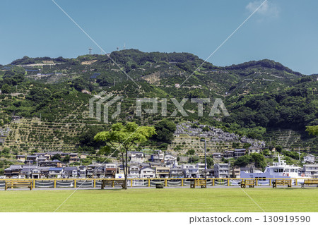 愛媛郡八幡濱港區廣場與柑橘梯田的夏季風景 130919590