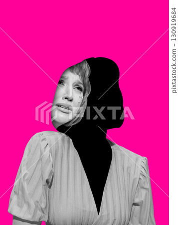 Surreal faceless woman with crying emotional portrait on vivid pink background Surreal faceless woman with crying emotional portrait on vivid pink background 130919684