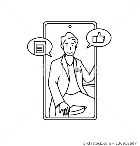 Stock Illustration: A line drawing illustration of a doctor conducting an online consultation on a smartphone screen and conveying materials and approval 130919697