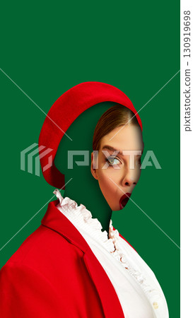 Surreal collage art of faceless woman in red beret with exaggerated shocked expression Surreal collage art of faceless woman in red beret with exaggerated shocked expression 130919698