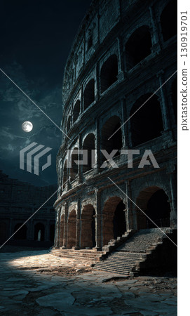 Ancient coliseum ruins moonlight night shadow stone architecture dramatic sky 130919701