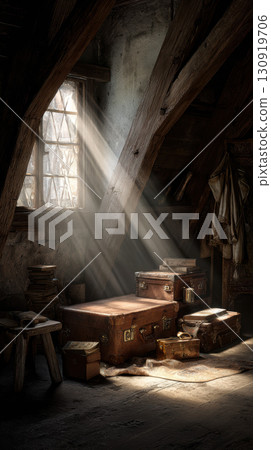 Old attic sunlight, vintage suitcase, wooden beam, dust, forgotten treasure, nostalgic mood 130919706