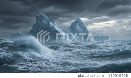 Massive icebergs in stormy sea with dramatic clouds, cold powerful waves, arctic landscape Massive icebergs in stormy sea with dramatic clouds, cold powerful waves, arctic landscape 130919708