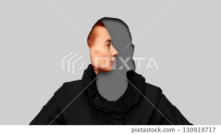 Graphic composition. Surreal faceless woman with profile portrait inside head silhouette 130919717