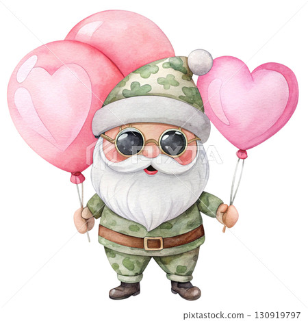 Cute Santa Claus wearing a camouflage military hat, black sunglasses, holding  red heart-shaped balloons white background  130919797