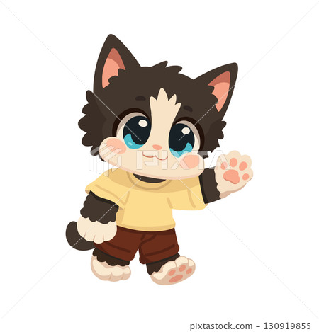 Illustration of Cute Cartoon Cat Waving 130919855