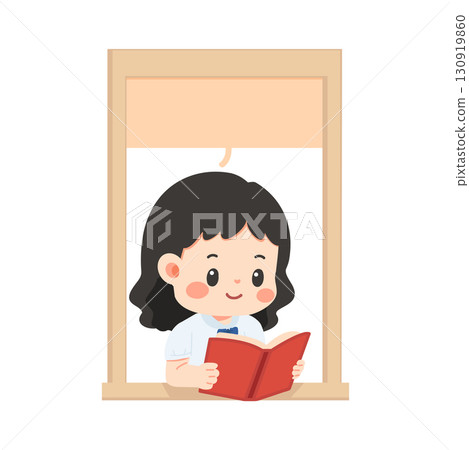 Kid girl with book near open window 130919860