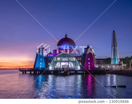 Illuminated Melaka Straits Mosque at dusk 130919886