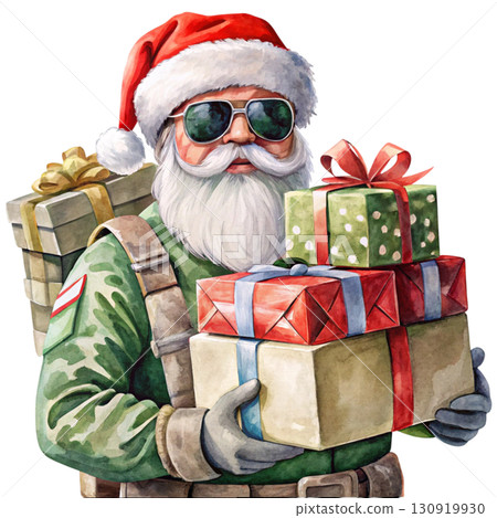 Santa Claus wearing a camouflage military hat black sunglasses holding a colorful gift box white background  Santa Claus wearing a camouflage military hat black sunglasses holding a colorful gift box white background  130919930