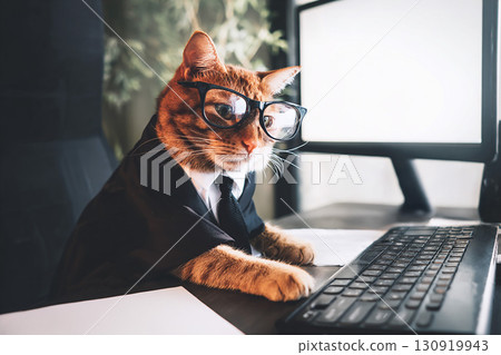 AI-generated image of a cat wearing glasses working in an office 130919943