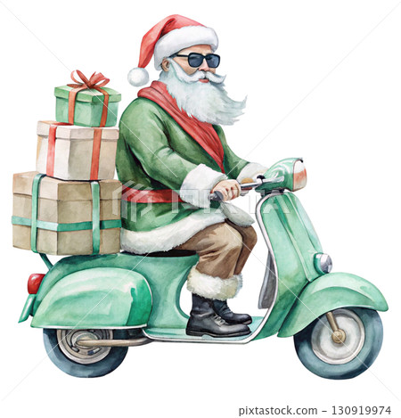 Santa Claus wearing sunglasses riding a Vespa, gift boxes white background  Santa Claus wearing sunglasses riding a Vespa, gift boxes white background  130919974