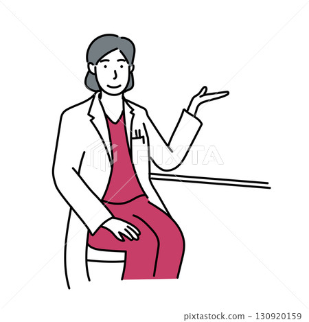 圖庫插圖: 一位女醫生坐在椅子上,用一隻手解釋的插圖 圖庫插圖: 一位女醫生坐在椅子上,用一隻手解釋的插圖 130920159
