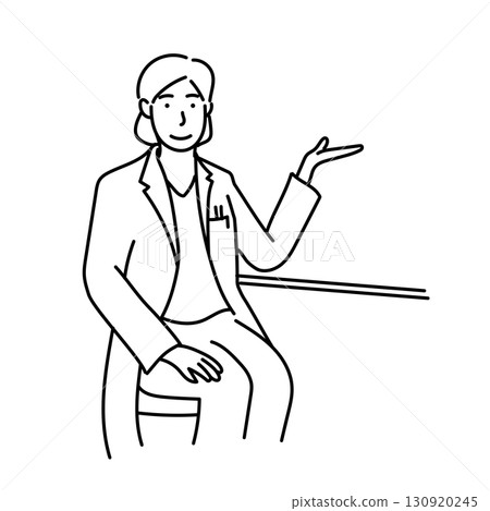 Stock Illustration: Line drawing illustration of a female doctor sitting in a chair and explaining with one hand 130920245