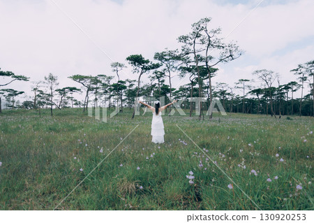 woman walks on a meadow and enjoys nature, Pine tree forest at Phu Soi Dao, Phu Soi Dao National Park, Uttaradit, Thailand 130920253