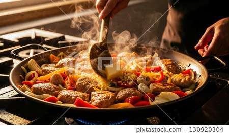 Chef preparing meat paella by frying ingredients of dish in cast iron pan, close up on steam rising on meat and vegetables, concept of cooking popular Spanish dishes 130920304