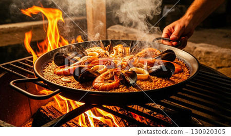 Seafood paella cooking over open fire, chef seasoning cast iron pan, smoke and aromatic steam rising above dish, close up on popular Spanish dish 130920305