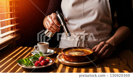 Chef melting cane sugar for creme brulee with a gas torch, creme brulee dessert with a delicate golden caramelized crust, plate with raspberries and mint leaves nearby, delicious popular dessert 130920309