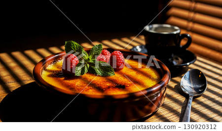 Creme brulee popular French dessert on table in cafe with cup of espresso, close-up of favorite dessert made cream decorated with fresh berries and mint leaves, streaks from bright sun through blinds 130920312