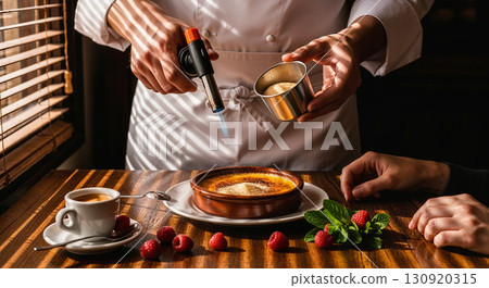 Favorite dessert creme brulee, spectacular serving dessert, chef melts sugar on table cafe front of customer with a gas burner, harsh light morning sun from window, penetrating through wooden blinds Favorite dessert creme brulee, spectacular serving dessert, chef melts sugar on table cafe front of customer with a gas burner, harsh light morning sun from window, penetrating through wooden blinds 130920315