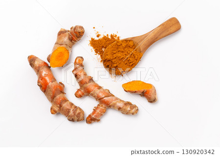 Dry Turmeric powder and turmeric root isolated on white background ,Top view 130920342