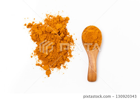 Dry Turmeric powder and turmeric root isolated on white background ,Top view Dry Turmeric powder and turmeric root isolated on white background ,Top view 130920343