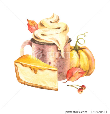 Autumn composition with cocoa mug, pumpkin and pie slice in warm tones, hand-painted watercolor illustration great for cozy seasonal projects, stickers, clipart and holiday decor. 130920511