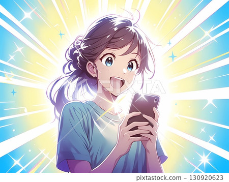 A woman looks at her smartphone and smiles with a pleasant surprise A woman looks at her smartphone and smiles with a pleasant surprise 130920623