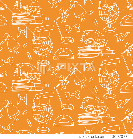 Seamless hand drawn school pattern with books, globes, lamps and paper planes on orange background. Concept of education, learning tools and academic inspiration 130920771