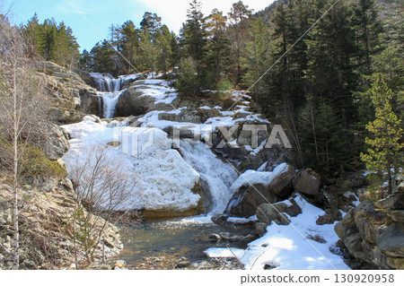 Frozen waterfall surrounded by snow and pine forest 130920958