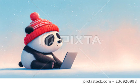 copy-space poster with a big panda in a winter hat enthusiastically shopping in an online store during the Christmas sale, Black Friday and discounts for the convenience of shopping in online stores 130920998