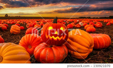 Pumpkin lantern on a field full of ripe orange fruits under a cloudy autumn sky, bright decoration for Halloween 130921070