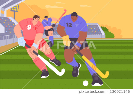 Modern Cartoon Art of Field Hockey Players in Action Composition 130921146