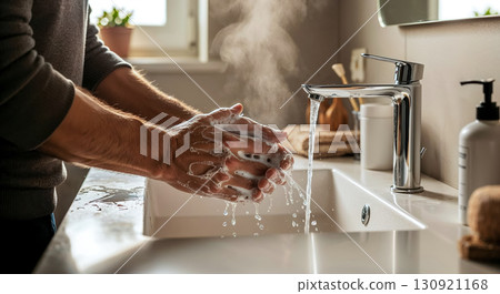 Hands of a man washing his hands with soap in a sink under hot water, the importance of daily hygiene and caring for health and cleanliness when caring for the body Hands of a man washing his hands with soap in a sink under hot water, the importance of daily hygiene and caring for health and cleanliness when caring for the body 130921168