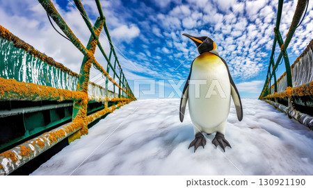 Penguins stand on a ramp frozen in ice against a icy landscape, concept of majestic wildlife in the human-impacted Antarctic landscape Penguins stand on a ramp frozen in ice against a icy landscape, concept of majestic wildlife in the human-impacted Antarctic landscape 130921190