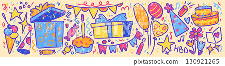 Crayon birthday party pattern on beige background 130921265