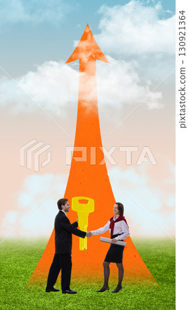 Surreal collage art. Business handshake with golden key and arrow rising to success 130921364