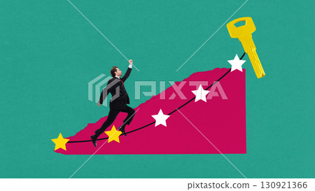Contemporary graphic composition. Businessman jumping across stars toward golden key of success 130921366