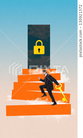 Bold colorful poster. Businessman climbing stairs with golden key toward locked door 130921372