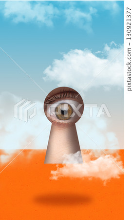 Contemporary collage. Human eye looking through keyhole with surreal emotion Contemporary collage. Human eye looking through keyhole with surreal emotion 130921377