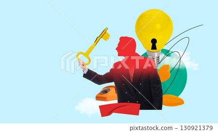 Bright collage. Businessman with golden key unlocking light bulb symbolizing new ideas Bright collage. Businessman with golden key unlocking light bulb symbolizing new ideas 130921379