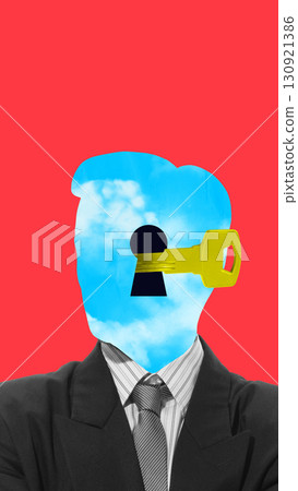 Surreal digital artwork of faceless businessman with key unlocking cloudy mind through keyhole head Surreal digital artwork of faceless businessman with key unlocking cloudy mind through keyhole head 130921386