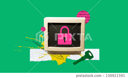 Creative collage. Retro computer monitor with pink lock symbol on screen representing data security 130921391