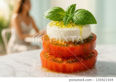 Caprese Stack With Mozzarella, Heirloom Tomato Slices And Basil On Marble Caprese Stack With Mozzarella, Heirloom Tomato Slices And Basil On Marble 130921504
